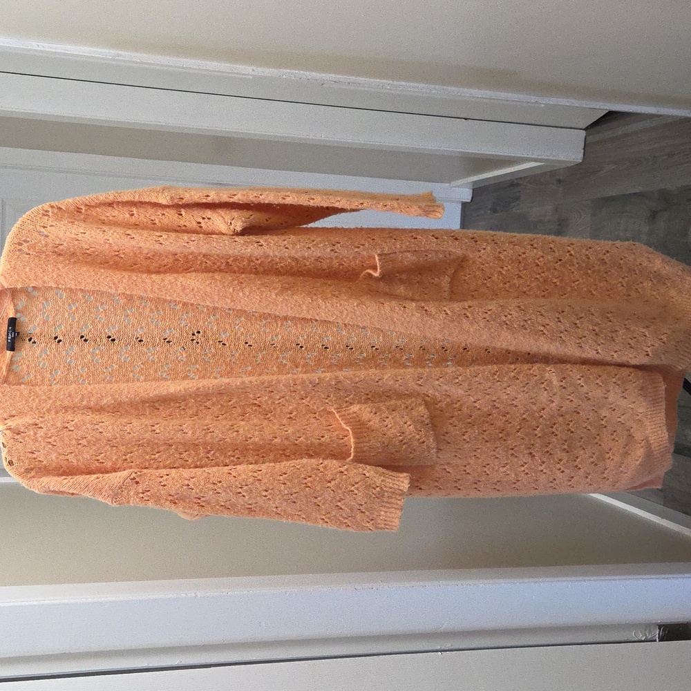 FRNCH Paris Open Knit Duster Cardigan Oversized Peach Boho Longline - Picture 2 of 9